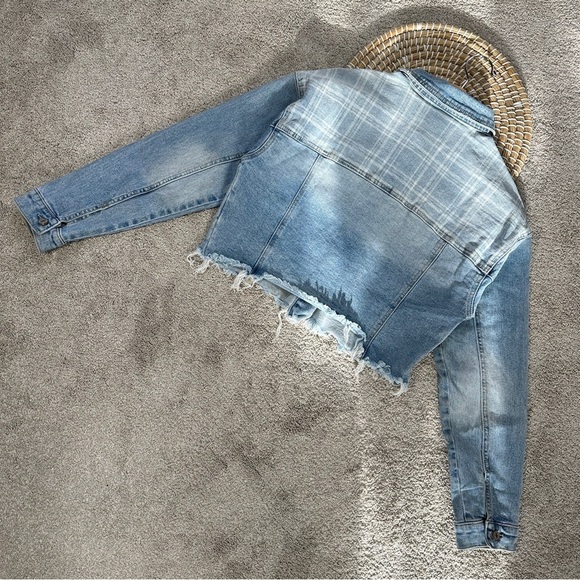 KanCan Jean Jacket Longsleeve Cropped Plaid Details Aligyn Frayed Hem Blue S - Picture 6 of 16